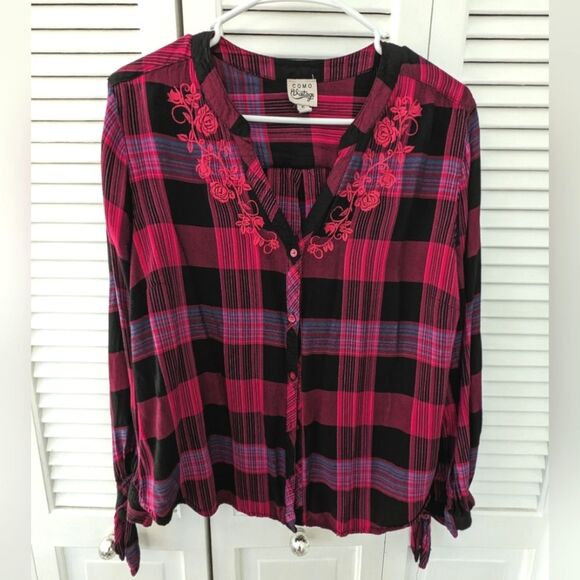 COMO Vintage Top Women's XL Soft Boho Plaid V-neck Shirt Embroidery Pink/Black - Picture 1 of 9